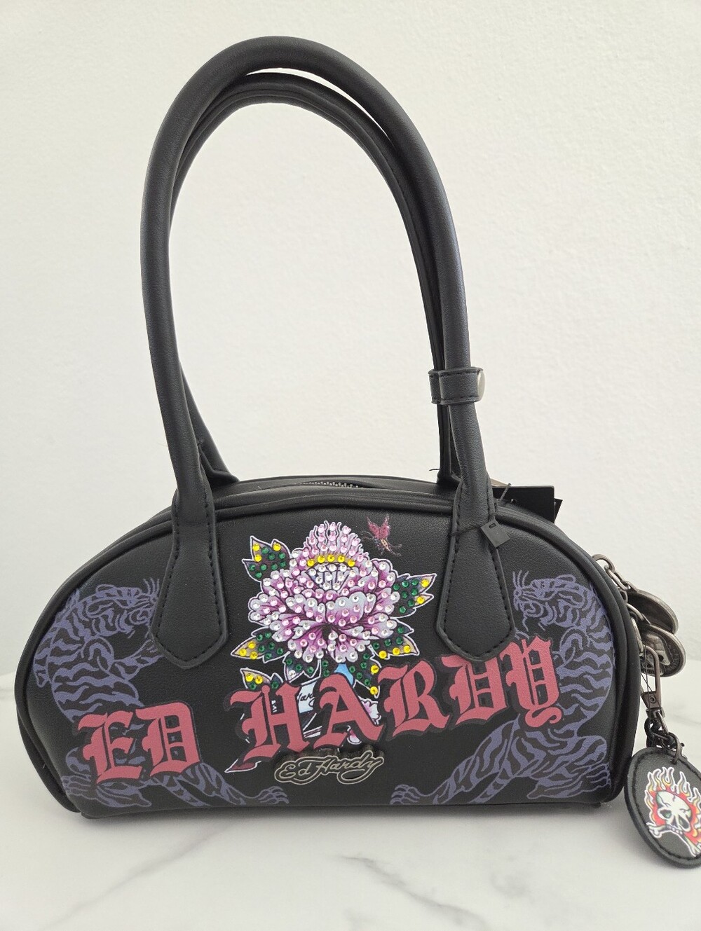 Ed Hardy Tiger Rose Tattoo Black Vegan Leather Barrel Bag NWT Charms Edgy